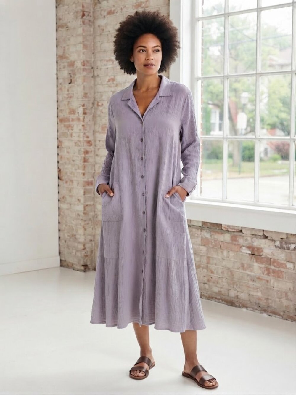 Vintage FLAX By Jeanne Englehart Lavender Long Sleeve Midi Dress Large Lagenlook